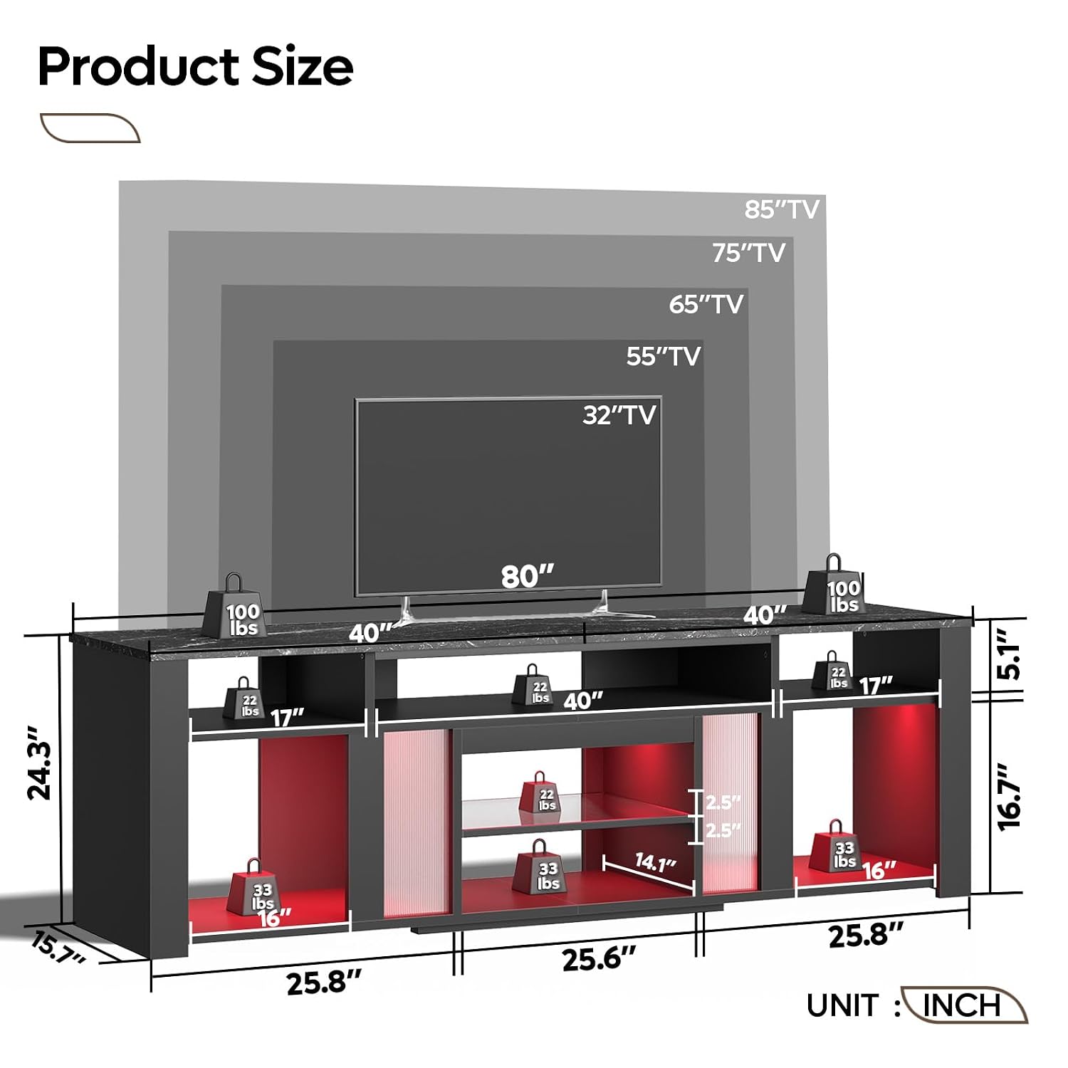 Gaming Console Tv Stand - 80 Zoll TV-Ständer, Unterhaltungszentrum, LED-Beleuchtung, Verstellbare