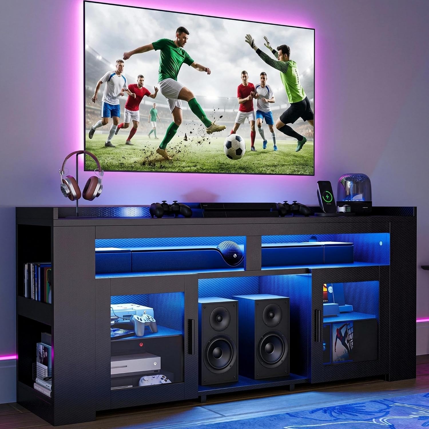 Gaming Console Tv Stand - TV-Ständer mit Ladestation & LED-Beleuchtung, Medienkonsole