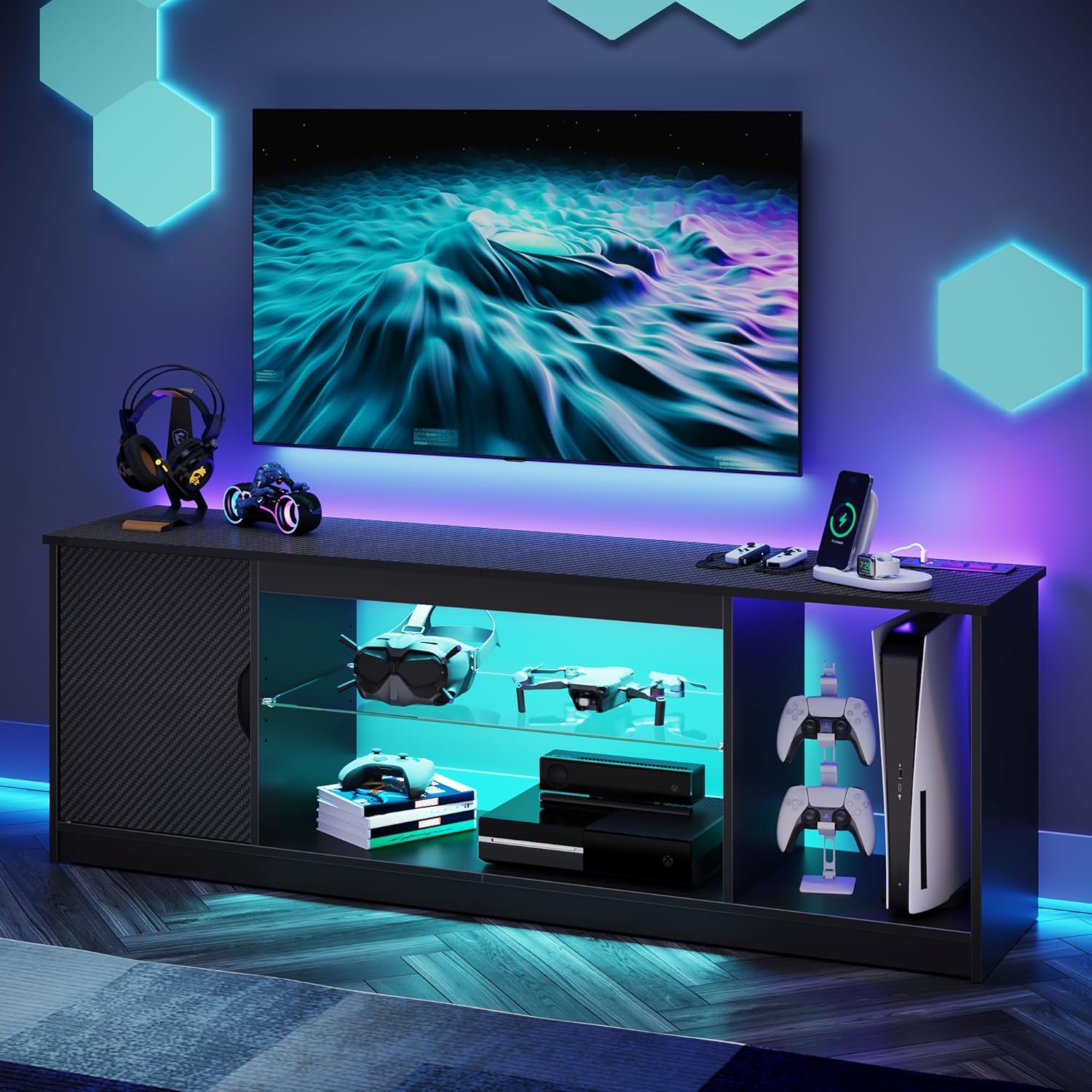 Gaming Console Tv Stand - TV-Ständer mit Steckdosen, Gaming- und Unterhaltungskonsole,