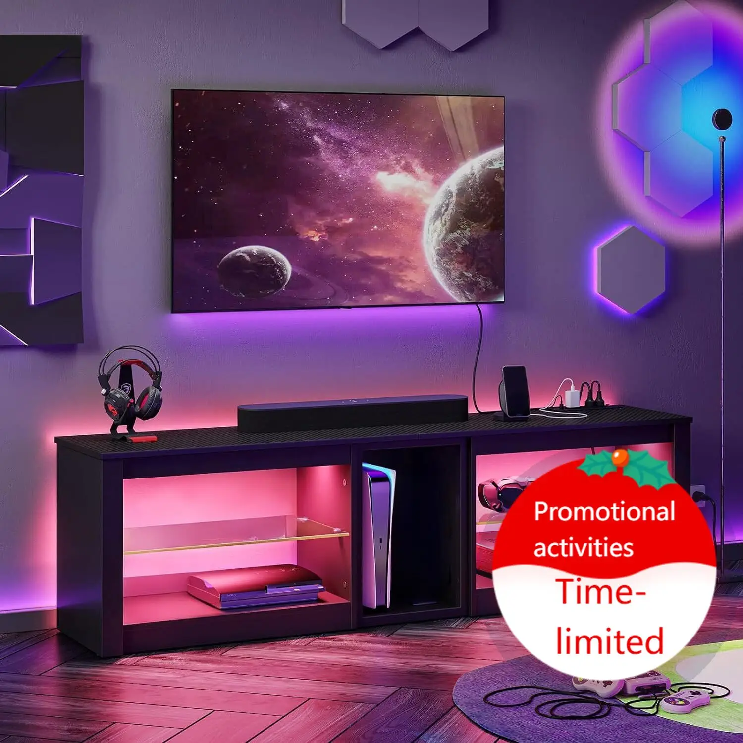 Gaming Console Tv Stand - Unterhaltungszentrum für PS5, TV-Ständer mit Steckdosen